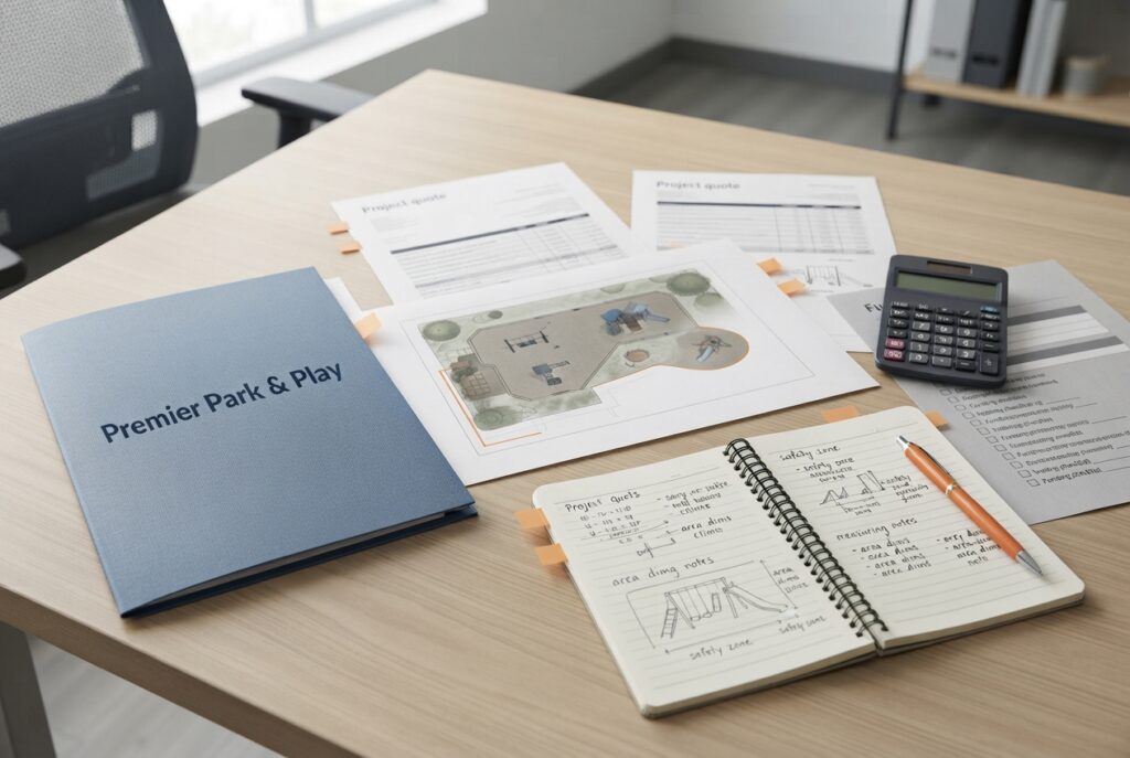 Playground plans, project budget and grant application materials arranged for school funding planning