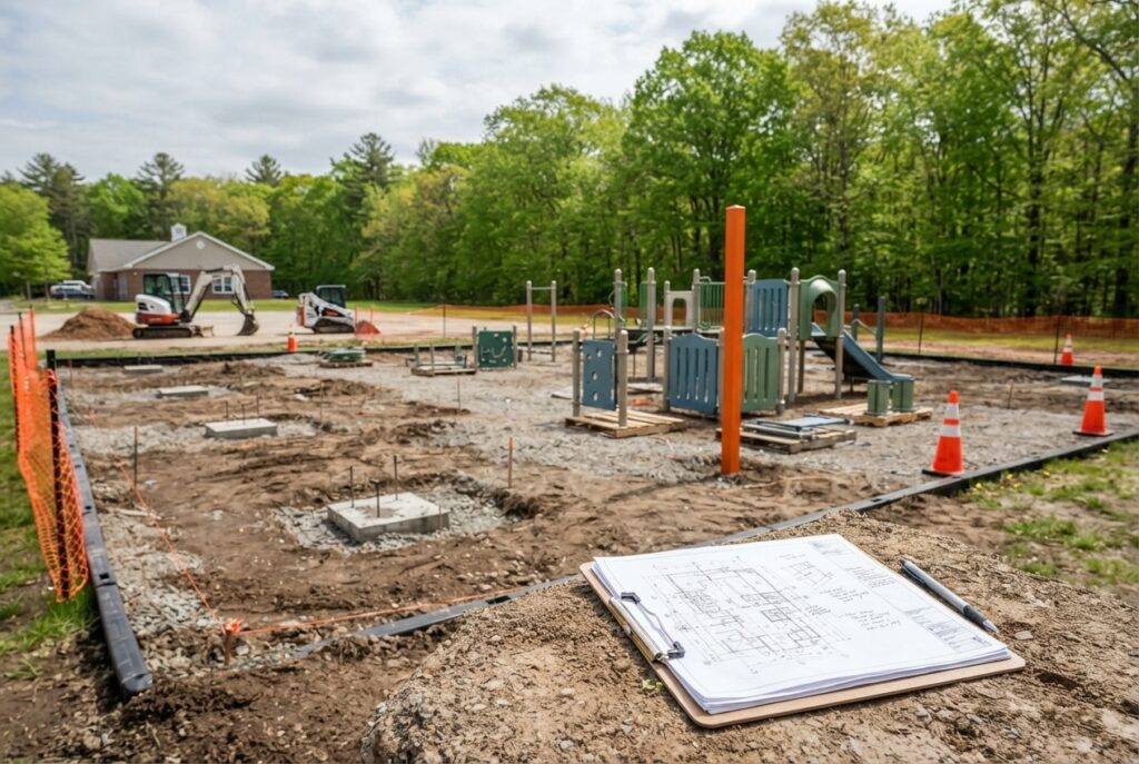 Commercial school playground installation underway during the New England construction season